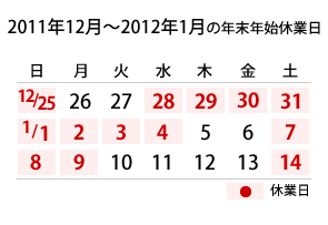 2011/12/25〜2012/01/14の休業予定