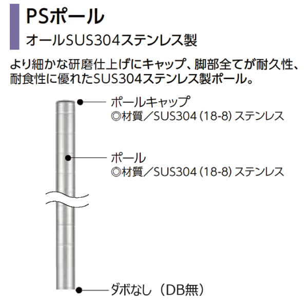 PSポール PS755 H761mm (オールSUS304ステンレス製) 打ち込みキャスター用(ダイカストナット・アジャストボルト無) 1本 【業務用】PS755N