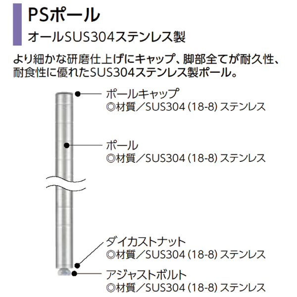 PSポール PS855 H876mm (オールSUS304ステンレス製) ダイカストナット・アジャストボルト付き 1本 【業務用】PS855W